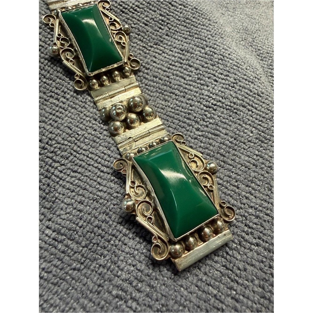 Vintage Mid-Century Mexican Sterling Silver Green Onyx Panel Link Bracelet 7 in - Picture 6 of 16